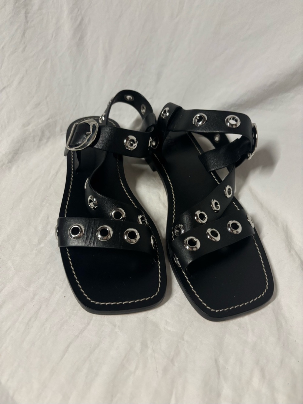 J Crew New Never Worn Black Leather Grommet Strap Sandals